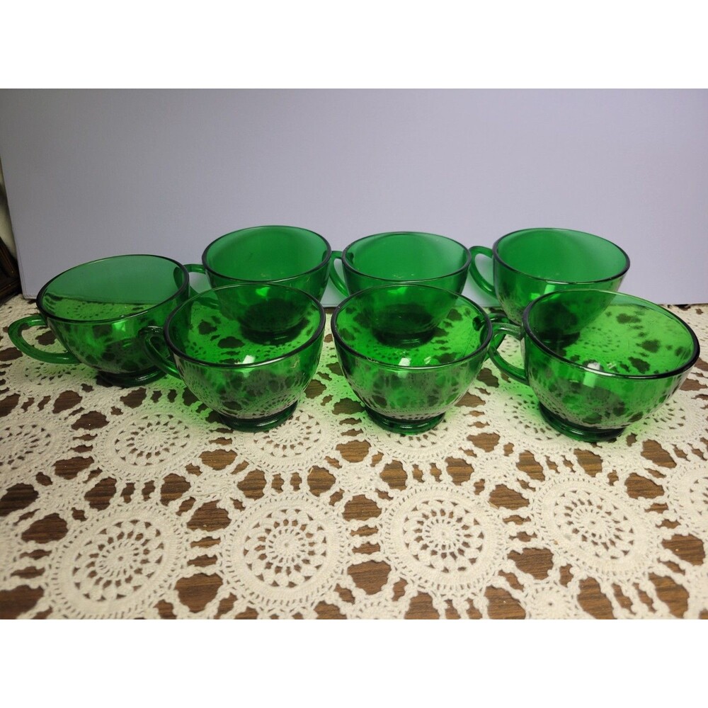 Set of 7 Vintage Emerald Green Glass Tea  Coffee Punch Cups, Anchor Hocking